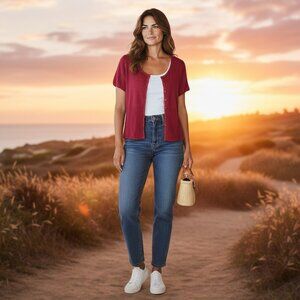 Emma James Shirt Top Women's L Cranberry Red Crochet Knit Short Sleeve Button